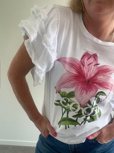 Coop white frill crop tee